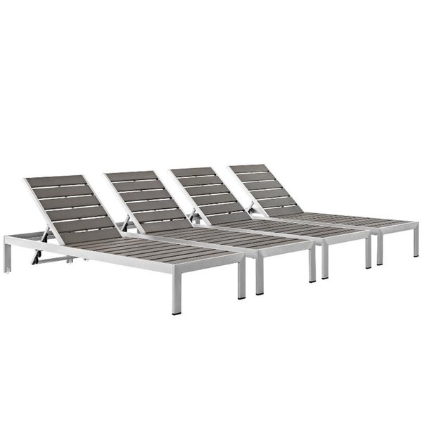 Modway Shore Outdoor Patio Aluminum Chaise, Silver and Gray - Set of 4 EEI-2468-SLV-GRY-SET